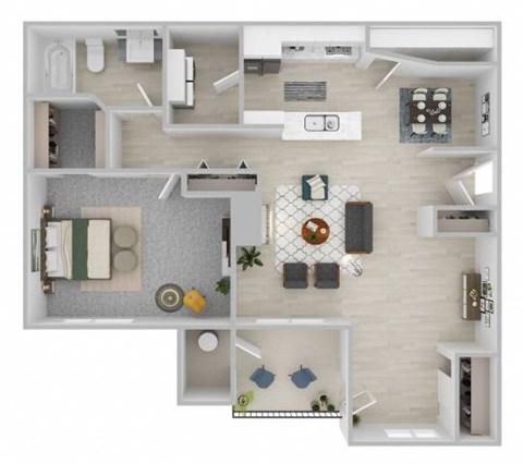 A top-down view of a small apartment with a kitchen, living room, and bathroom.